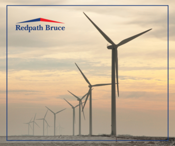 image shows wind turbine field at sunset